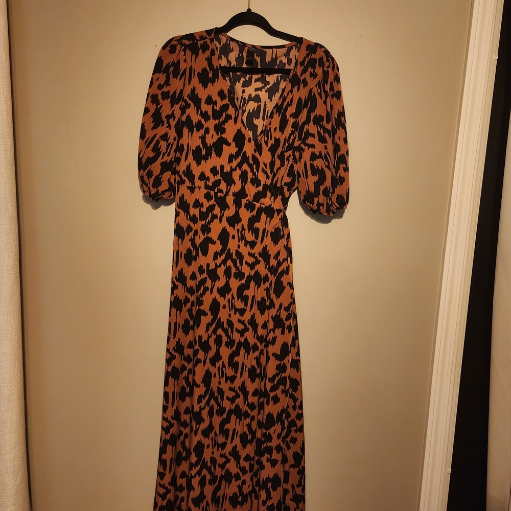 Leopard Print Puff Sleeve Maxi Dress - Brown/Black